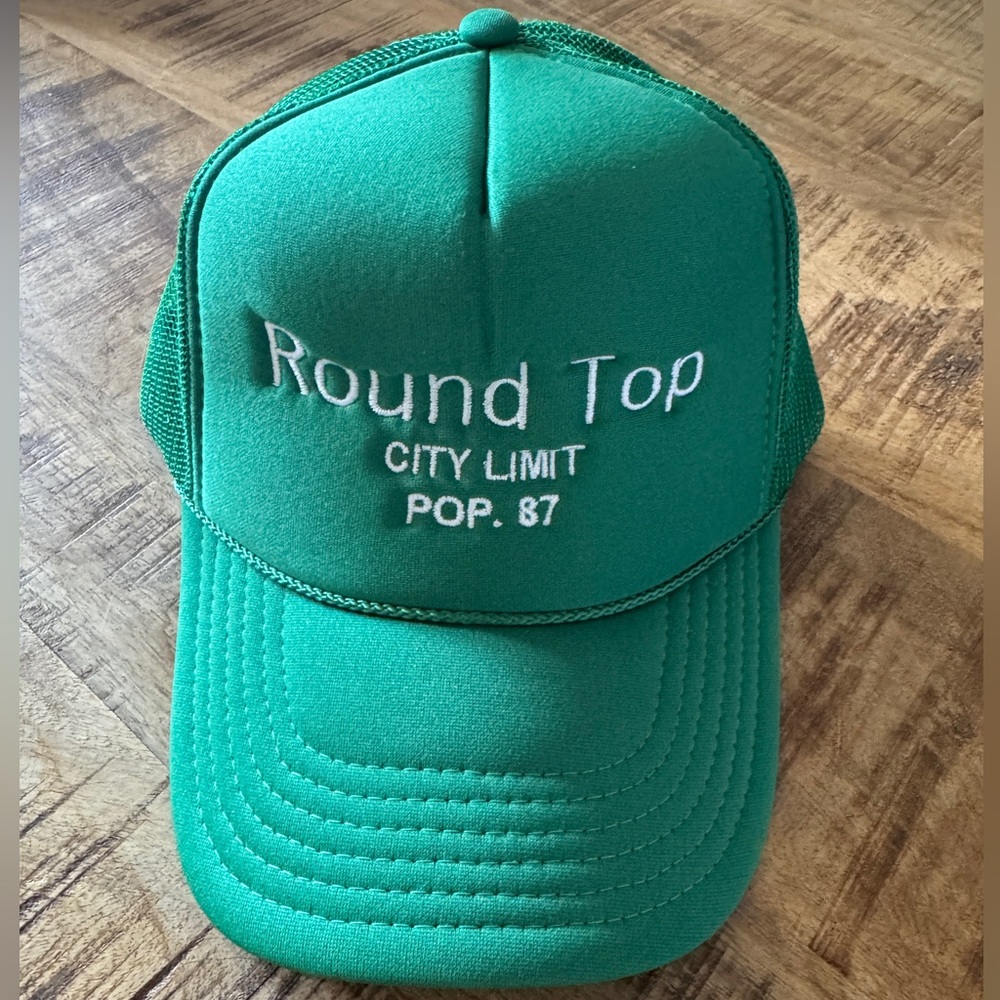 Round Top Texas City Limit Pop. 87 Green Trucker Hat with Embroidery